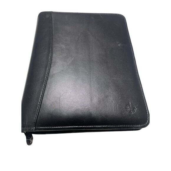 Franklin Covey Black Leather Zippered Portfolio Document Organizer With Logo Emb - Picture 1 of 12
